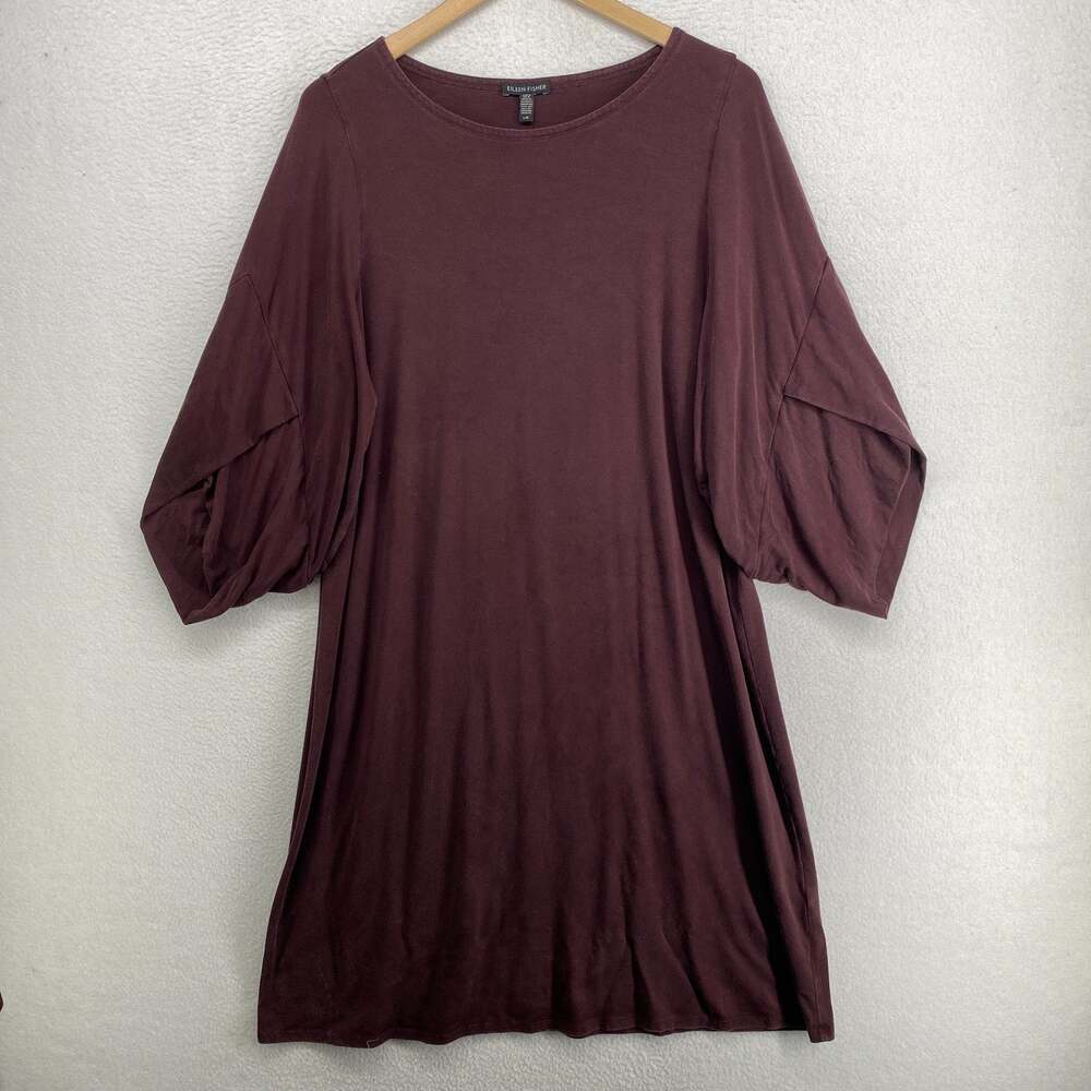 EILEEN FISHER Dress L Stretch Tencel Jersey Round Neck Envelope Sleeve Red USA